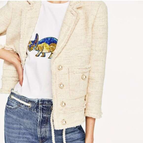 New Zara Ivory Ecru Tweed Textured Blazer Jacket w/Pockets, Pearl Buttons, Ivory - Picture 8 of 14